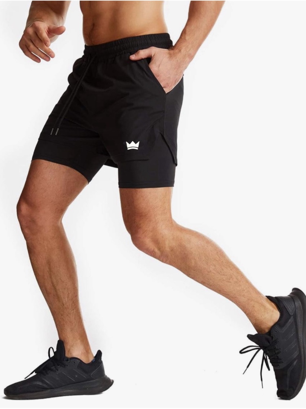 Crown Men's Black Layered Performance Running Shorts